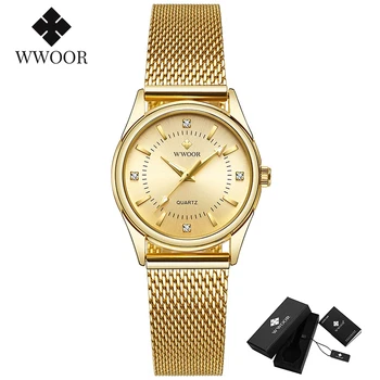 WWOOR Prabangos Prekės ženklo Suknelė Aukso Žiūrėti Ponios Elegantiškas Diamond Mažas Kvarciniai Rankiniai Laikrodžiai Moterims Plieno Tinklelio, Laikrodis zegarek damski