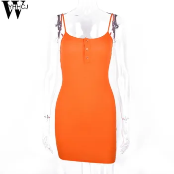 WYHHCJ Naujos neoninės oranžinės spalvos kietos spagečiai dirželiai seksualus bodycon mini suknelė 2019 m. vasarą moterys aukšto juosmens šalies klubas drabužių streetwear