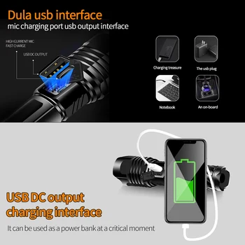 Xhp100 High power led žibintuvėlis įkraunamas 18650 26650 baterija USB liumenų super galingas žibintuvėlis xhp90 xhp70 xhp50 blykstė
