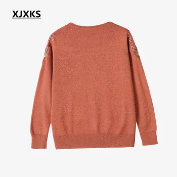 XJXKS 2018 m. rudens ir žiemos naujus high-end audinio, siuvinėjimo moterų plonas megztinis (puloveris prarasti didelio dydžio atsitiktinis moterų topai