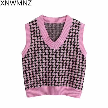 XNWMNZ Za Moterų 2021 Mados Negabaritinių Houndstooth Megztus Liemenė Vintage Megztinis be Rankovių skeltukais Moteriška Liemenė Y2K Viršūnės