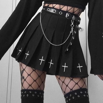 XUANHAO Aukšto Juosmens Mini Black Sijonai Gotikos Streetwear Kryžiaus Spausdinti Plisuotos Moterų Sijonai Atsitiktinis Kolegijos Lolita Harajuku Sijonas