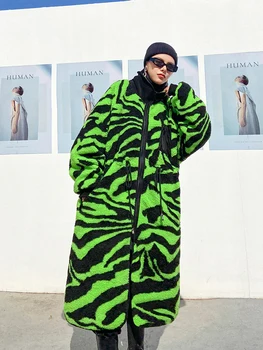 XUXI Moterų ėriukų vilna Švarkelis Mados Zebra Modelis Susiuvimo Kailis Streetwear Gauti Juosmens Tirštėti Žiemos 2021 FZ3638