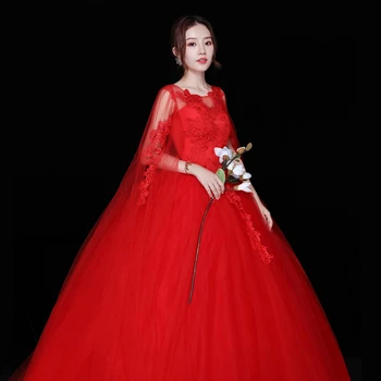 XXN-063#Nuotaka Vestuvių suknelė raudona Tvarstis Išsiuvinėti Nėriniai ant Ju Kamuolys Suknelė nėrinių O-Kaklo pigūs didmeninė šalis suknelės