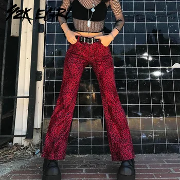 Y2K EGIRL Grunge Estetika Leopard Aukšto Liemens Kelnės Cyber Y2K Gyvūnų Spausdinti Tiesiai Raudonas Kelnes Harajuku Komplektus Streetwear