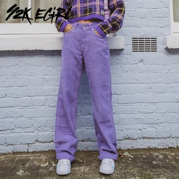 Y2K EGIRL Harajuku Streetwear Violetinė Ilgas Kelnes Indie Estetika Velvetas Aukštos Juosmens, Tiesios Kelnės 90-ųjų Mados Atsitiktinis Apačioje