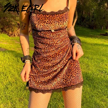 Y2K EGIRL Punk Stiliaus Leopardas Spausdinti Milkmaid Nėrinių Apdaila Cami Suknelė Vintage Laukinių Backless-line Mini Suknelės Rave Festivalyje Dėvėti