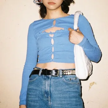 Y2K Estetika Iškirpti Blue Marškinėliai 90-ųjų Mados Mygtukai O-Kaklo, ilgomis Rankovėmis Apkarpyti Viršūnes Mielas Tees Streetwear Derliaus Slim