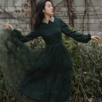 YAMDI moterų kamuolys suknelė suknelė vintage bohemiškas, elegantiškas, prašmatnus aukšto juosmens-line ilgomis rankovėmis 2020 m. pavasarį, rudenį kratinys tinklelio suknelė