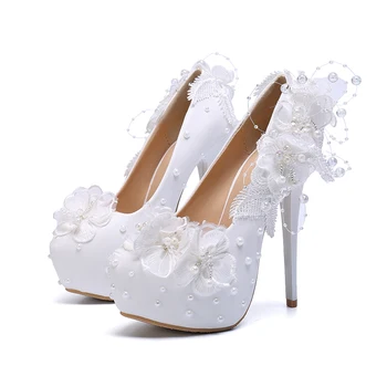 YIHONGMEIQI Vandeniui platformos, aukštakulniai vestuviniai bateliai, nėriniai gėlės 14 cm stiletto nuotakos bateliai baltos, rausvos spalvos, dydis 42