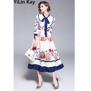 YiLin Kay 2019 Aukštos Kokybės Mados kilimo ir tūpimo Tako Dizaineris Spausdinti Suknelė Spausdinti Hlaf Rankovėmis Suknelė bohemijos Ilga suknelė