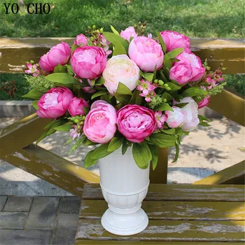 YO CHO 7-12 vadovai/puokštė dideles dirbtines bijūnas dirbtinės gėlės rožės flores šilko gėlių, vestuvių namų puošybai mariage
