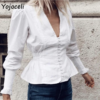 Yojoceli mygtuką, palaidinės, marškinėliai moterims v kaklo shirred rankovės atsitiktinis blusas moteris