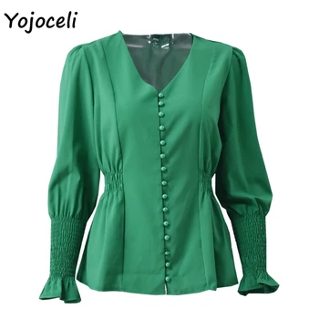 Yojoceli mygtuką, palaidinės, marškinėliai moterims v kaklo shirred rankovės atsitiktinis blusas moteris
