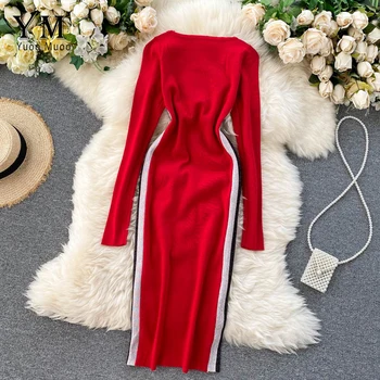 YuooMuoo Elegantiškas Moterų Megzti Megztinis Suknelė 2020 Nauja Rudens Žiemos Dviejų Šoninių Pamušalu, Raudonos Atsitiktinis Suknelė Ponios Office Suknelė Vestidos