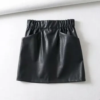 Yuuyiwa Moterų dvigubos kišenės, elastinga juosmens PU Dirbtiniais odos sijonas-Line Virš Kelio Mini Moterų Sijonai Jupe Femme Faldas Mujer