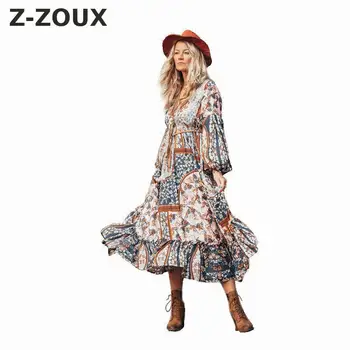 Z-ZOUX Moterų Suknelė V-Kaklo, ilgomis Rankovėmis Spausdinti Maxi Suknelės Bohemijos Raukiniai, Ilgas, Maxi Gėlių Nėrinių Suknelė Laisvas Ilgas Sukneles 2019