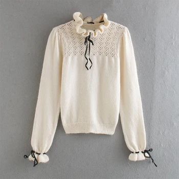 ZA 2020 m. Moteris Rudens mados Nėriniai baltas Megztas megztinis Mergaitei ilgomis Rankovėmis Atsitiktinis Laisvi Megztiniai Ilgas megztinis (puloveris)