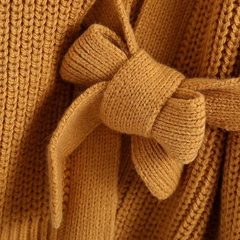 ZA 2020 m. Moteris Rudenį lankas mazgas megzti megztinis megztinis V-Kaklo Tirštėti Megztinis Mergaitei ilgomis Rankovėmis Atsitiktinis Palaidų Megzti paltai