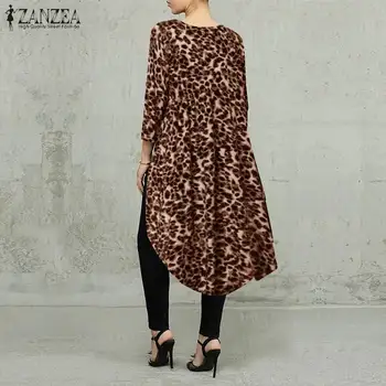 ZANZEA 2021 Seksuali Moteris Nereguliarus Marškinėliai Leopardas Spausdinti Mini Vestidos Atsitiktinis Palaidinės Tunika Viršūnes Plius Dydis Chemisers Mujer Blusas