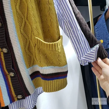 ZCSMLL 2021 m. rudenį naujų cardigan megztinis švarkas ilgomis rankovėmis susiuvimo dryžuotas prarasti vidutinio ilgio megzti išorinis dėvėti moterims Viršų