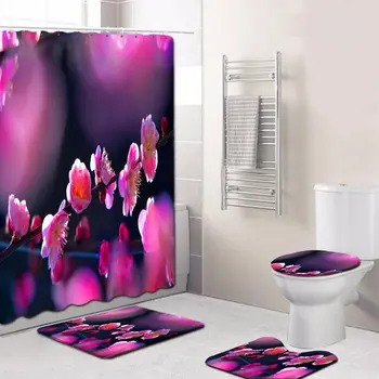 Zeegle 3D Atspausdintas Gėlių Vonia, Dušo Užuolaidos Dangčio Tualeto Dangčio Apdailos Vonios kambarys Kilimėlis Nustatyti Poliesteris Tualeto Kilimėlis Pėdų Grindų Kilimas