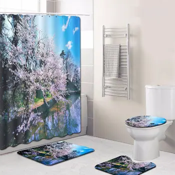 Zeegle 3D Atspausdintas Gėlių Vonia, Dušo Užuolaidos Dangčio Tualeto Dangčio Apdailos Vonios kambarys Kilimėlis Nustatyti Poliesteris Tualeto Kilimėlis Pėdų Grindų Kilimas