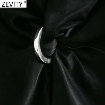 Zevity 2021 Moterų Mados Kryžiaus V Kaklo Žiedas Rišti Trumpas Smock Palaidinė Moteriška Kietas Kimono Satino Marškinėliai Prašmatnus Blusas Viršūnes LS7472