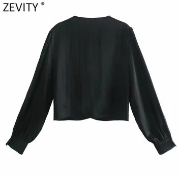 Zevity 2021 Moterų Mados Kryžiaus V Kaklo Žiedas Rišti Trumpas Smock Palaidinė Moteriška Kietas Kimono Satino Marškinėliai Prašmatnus Blusas Viršūnes LS7472