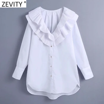 Zevity 2021 Moterų Mados V Kaklo Paspauskite Plisuotas Raukiniai Atsitiktinis Palaidų Balta Smock Palaidinė Office Lady Marškiniai, Elegantiškos Blusas Viršūnes LS7641