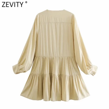 Zevity 2021 Moterų Romantiška vientisos Spalvos Paspauskite Plisuotos Marškinėliai Suknelė, Prašmatnus Moterų Žibintų Rankovės Atsitiktinis Slim Line Vestido DS5022