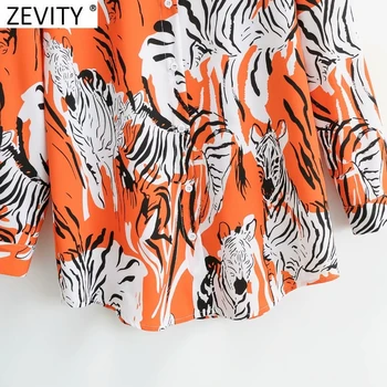 Zevity 2021 Moterų Senovinių Gyvūnų Spausdinti Verslo Smock Palaidinė Zebra Modelis Atsitiktinis Marškiniai, Elegantiškos Pasukite Žemyn Apykaklės Blusas Viršūnes LS7642