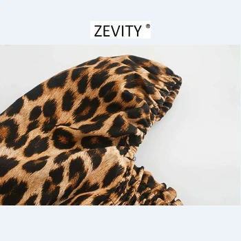 ZEVITY Moterų derliaus leopardas spausdinti trumpas smock palaidinukė ponios aikštėje apykaklės, elastinga raukiniai femininas marškiniai, elegantiškos apkarpyti viršūnes LS7047