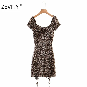 ZEVITY Naujų Moterims seksualus plisuotas raukiniai leopardas spausdinti tampri, plona suknelė moterų lankas susieta mini vestidos prašmatnus vasaros Suknelės DS4298