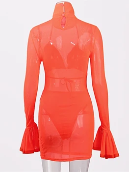 Zoctuo Suknelė Moterims Mados Orange Blyksnius Ilgomis Rankovėmis Tinklelio Mini Suknelė Pamatyti, Nors Ir Seksualus Šalies Bodycon Klubas Suknelės 2021 Naujas