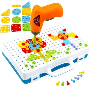 Įrankis, plastikiniai žaislai, Elektriniai gręžimo atsuktuvas vaikų vaizduotę logica blokai spalvos, geometrinės formos žaidimas
