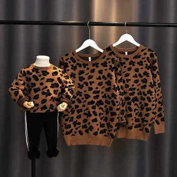šeimos drabužiai Šeimai Atrodo Leopard Megztiniai Šeimos derinti Drabužius Motina, Dukra, Sūnus, Kūdikių Berniukų, Mergaičių Šiltos Žiemos Paltai