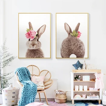 Šiaurės Modernus Rabbit Gyvūnų Spausdinti Darželio Drobės Tapybos Puikus Vaizdas Apdailos Gėlių Plakatas Kambarį Miegamojo Sienos Menas