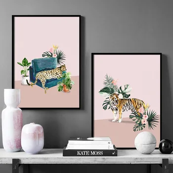 Šiaurės šalių plakato spausdinimas sienos meno aliejaus tapyba, akvarelė tigras, cheetah monstras lapų dažymas kambarį namo apdaila