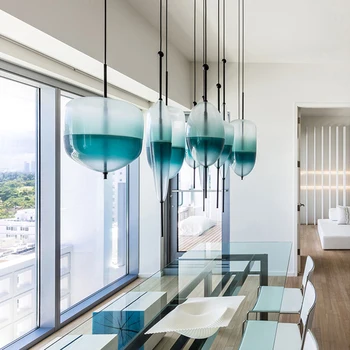 Šiaurės šalių šiuolaikinės ašaros formos mėlyno stiklo pakabukas šviesos diodų (LED) art deco paprastas baltas kabo lempa kambarį restorano virtuvė