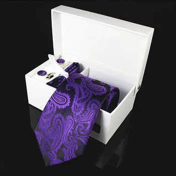Šilko 8cm Mens Kaklaraištis Nustatyti Fashion classic paisley žakardo kaklaraištis &nosinė&rankogalių segtukai&įrašą dovanų dėžutėje nustatyti vestuvių verslo Necktie