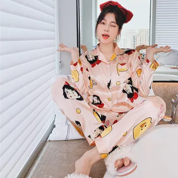 Šilko Pižama rinkinys Moterims Pyjama Femme Satino Naktiniai drabužiai Lady Debesys Spausdinti ilgas rankovėmis viršuje ir kelnės Moterų Homewear Kostiumas