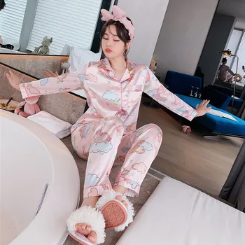 Šilko Pižama rinkinys Moterims Pyjama Femme Satino Naktiniai drabužiai Lady Debesys Spausdinti ilgas rankovėmis viršuje ir kelnės Moterų Homewear Kostiumas