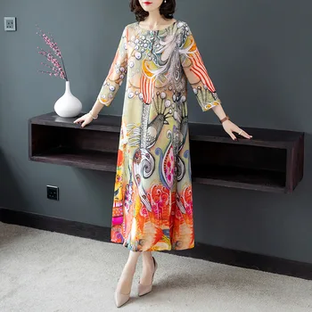 Šilko suknelė 2019 m. vasaros naujus moteriškus spausdinti laisvi O-kaklo derliaus suknelė didelis dydis M-3XL aukštos kokybės elegantiškas šalis vestidos