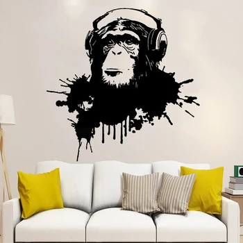 Šimpanzė su ausinėmis Klausytis Muzikos Beždžionė Sienos Lipdukas Meno DJSticker Grafiti Stiliaus Nuimamas Freskomis Vinilo ph590