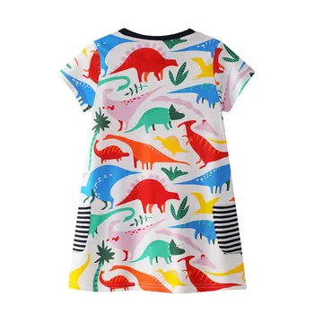 Šokinėja metrų vasaros suknelės vaikams mergina-line dinozaurai spausdinti medvilnės trumpomis rankovėmis vaikus, drabužiai, suknelės mergaitėms frock