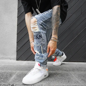 Šviesą Atspindinčios Vyrų Liesas Ripped Jeans 2018 M. Derliaus Dviratininkas Jogger Nelaimę Skylę Baggy Džinsai Slim Fit Atsitiktinis Kelnės