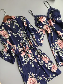 Šviežių gėlių satins šilko seksualus apdaras suknelė rinkiniai moterims, chalatai kimono padažu nėrinių suknelė iš šilko gėlių sleepwear moterų apdaras tinka