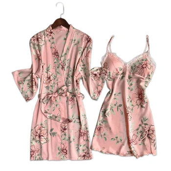 Šviežių gėlių satins šilko seksualus apdaras suknelė rinkiniai moterims, chalatai kimono padažu nėrinių suknelė iš šilko gėlių sleepwear moterų apdaras tinka