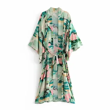 Žalia Gėlių Spausdinti Paukščių Moterų Striukė, Megztinis Ilgomis Rankovėmis Prarasti Paplūdimys Maxi Kimono 2020 M. Pavasario Vasaros Moterų Boho Chic Viršūnės